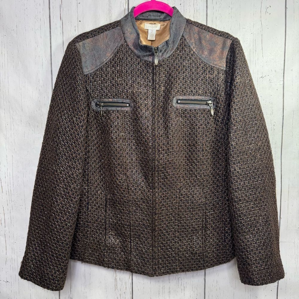 ChicosโTweed Moto Glam Jacket Size L Zip Front Metallic Faux Leather Trim Edgy